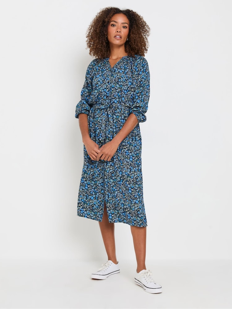 M&Co Blue Ditsy Button Through 3/4 Sleeve Dress - Image 1 of 5