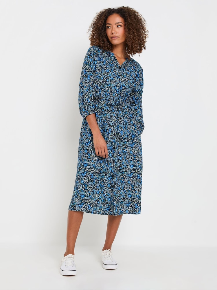 M&Co Blue Ditsy Button Through 3/4 Sleeve Dress - Image 2 of 5