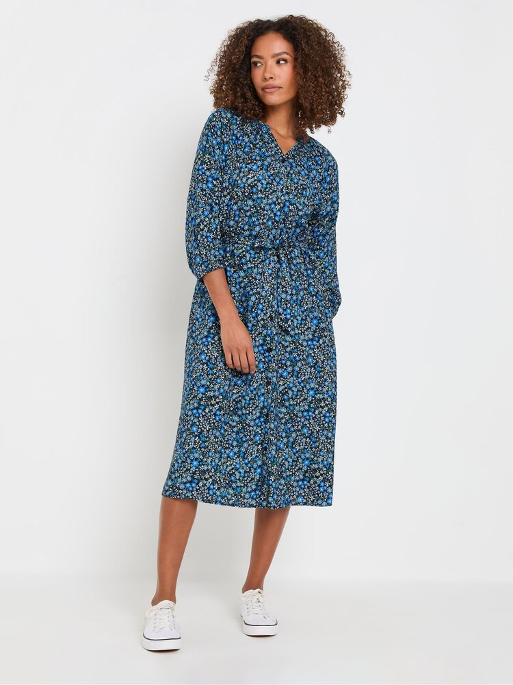 M&Co Blue Ditsy Button Through 3/4 Sleeve Dress - Image 2 of 5 M&Co Blue Ditsy Button Through 3/4 Sleeve Dress - Image 2 of 5