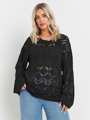 Yours Curve Black Pointelle Crochet Jumper - Image 1 of 5