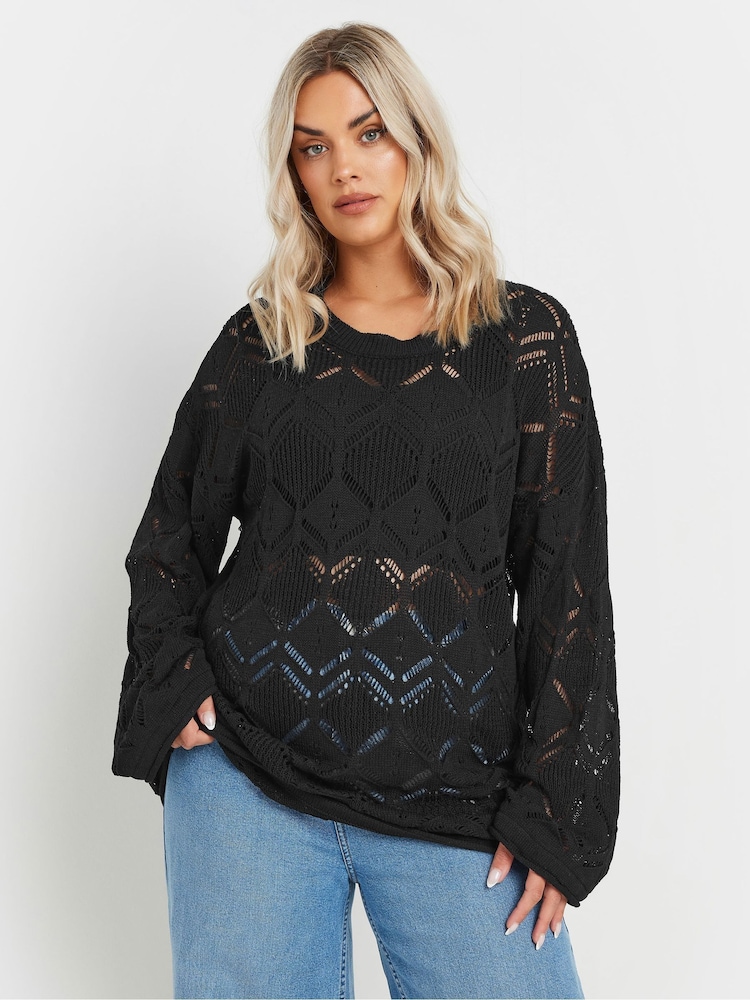 Yours Curve Black Pointelle Crochet Jumper - Image 1 of 5