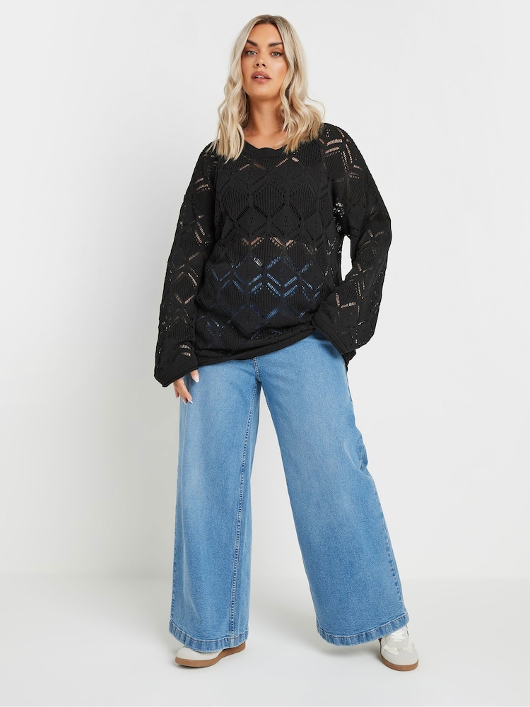 Yours Curve Black Pointelle Crochet Jumper - Image 2 of 5