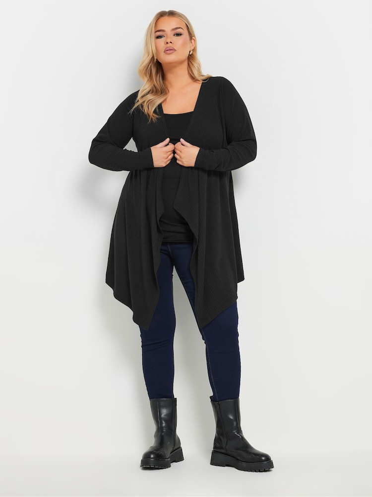 Yours Curve Black Waterfall Ribbed Cardigan - Image 2 of 5