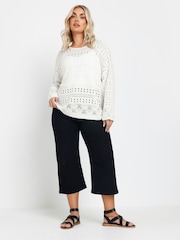 Yours Curve White Pointelle Stitch Crochet Jumper - Image 3 of 5
