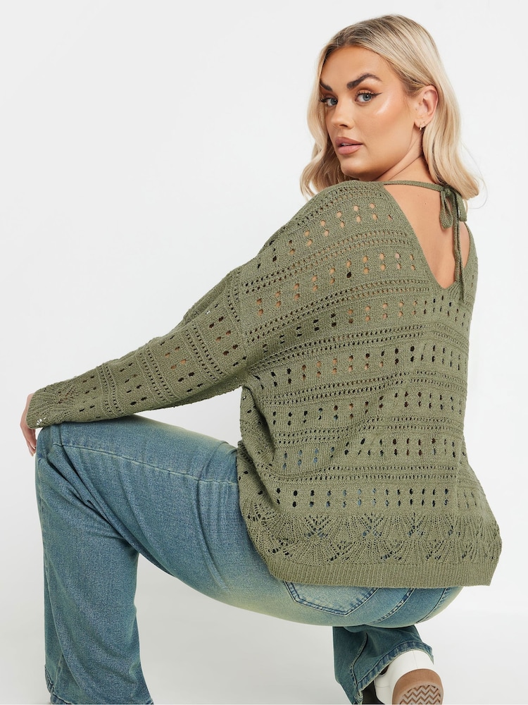 Yours Curve Green Pointelle Stitch Crochet Jumper - Image 2 of 5