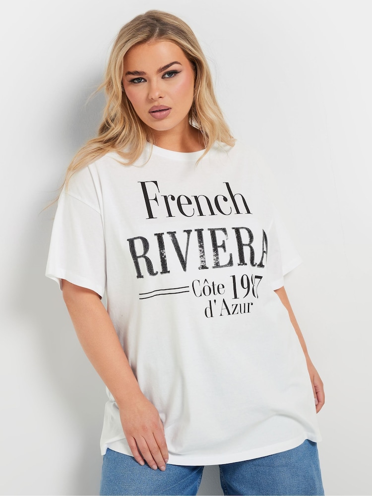 Yours Curve White French Riviera 100% Cotton T-Shirt - Image 1 of 5