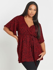 Rojo - Yours Curve Floral Textured Wrap Top - Imagen 1 de 5