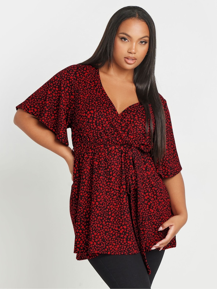 Rojo - Yours Curve Floral Textured Wrap Top - Imagen 1 de 5 Rojo - Yours Curve Floral Textured Wrap Top - Imagen 1 de 5