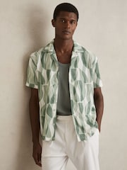 Reiss Sage Green Taro Printed Textured Cuban-Collar Shirt - Image 1 of 5