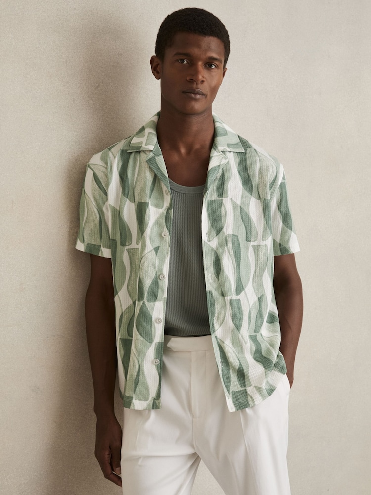 Reiss Sage Green Taro Printed Textured Cuban-Collar Shirt - Image 1 of 5