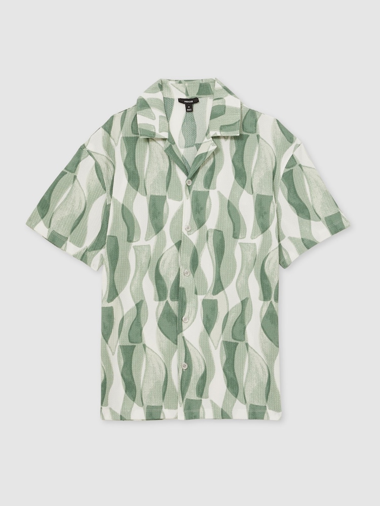 Reiss Sage Green Taro Printed Textured Cuban-Collar Shirt - Image 2 of 5