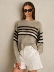 Reiss Neutral/Black Catrice Linen Crochet Striped Jumper - Image 1 of 6