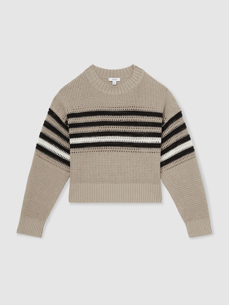 Reiss Neutral/Black Catrice Linen Crochet Striped Jumper - Image 2 of 6
