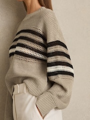 Reiss Neutral/Black Catrice Linen Crochet Striped Jumper - Image 4 of 6