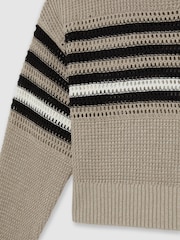 Reiss Neutral/Black Catrice Linen Crochet Striped Jumper - Image 6 of 6