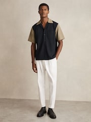 Reiss Navy/Brown Peza Colour-Block Cuban-Collar Shirt - Image 1 of 5