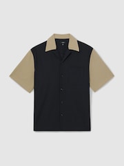 Reiss Navy/Brown Peza Colour-Block Cuban-Collar Shirt - Image 2 of 5