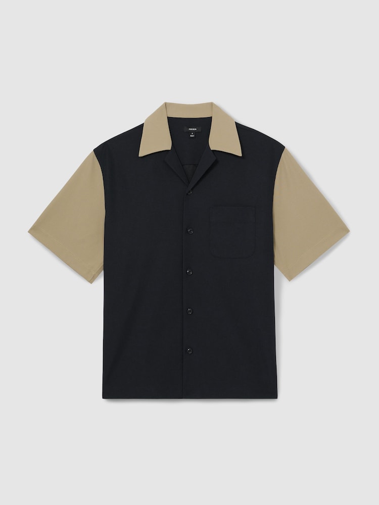 Reiss Navy/Brown Peza Colour-Block Cuban-Collar Shirt - Image 2 of 5