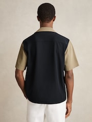 Reiss Navy/Brown Peza Colour-Block Cuban-Collar Shirt - Image 4 of 5