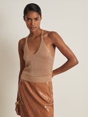 Reiss Gold Ruby Atelier Open Knit Halterneck Top - Image 1 of 7