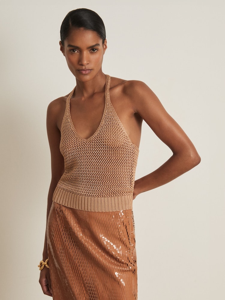 Reiss Gold Ruby Atelier Open Knit Halterneck Top - Image 1 of 7