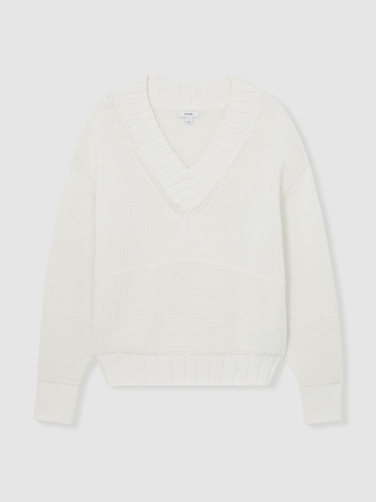 Reiss White Jenny Cotton V-Neck Knit Jumper - Image 2 of 8
