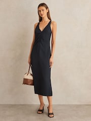 Reiss Navy Pari Ruched Sleeveless Midi Dress With Linen - Image 1 of 6