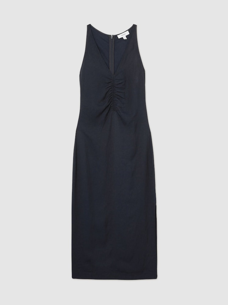 Reiss Navy Pari Ruched Sleeveless Midi Dress With Linen - Image 2 of 6