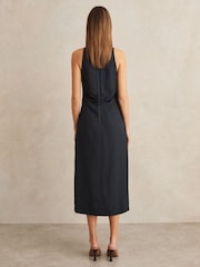 Reiss Navy Pari Ruched Sleeveless Midi Dress With Linen - Image 5 of 6