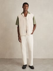 Reiss Off White/Sage Peza Colour-Block Cuban-Collar Shirt - Image 1 of 6