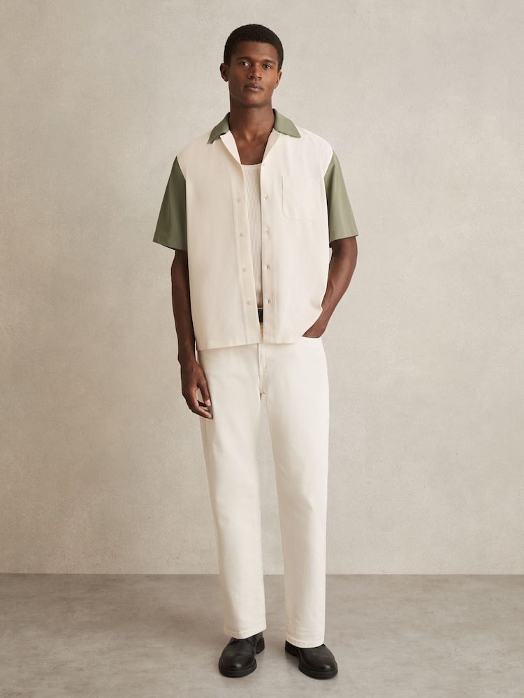 Reiss Off White/Sage Peza Colour-Block Cuban-Collar Shirt - Image 1 of 6