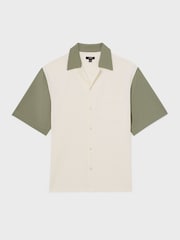 Reiss Off White/Sage Peza Colour-Block Cuban-Collar Shirt - Image 2 of 6