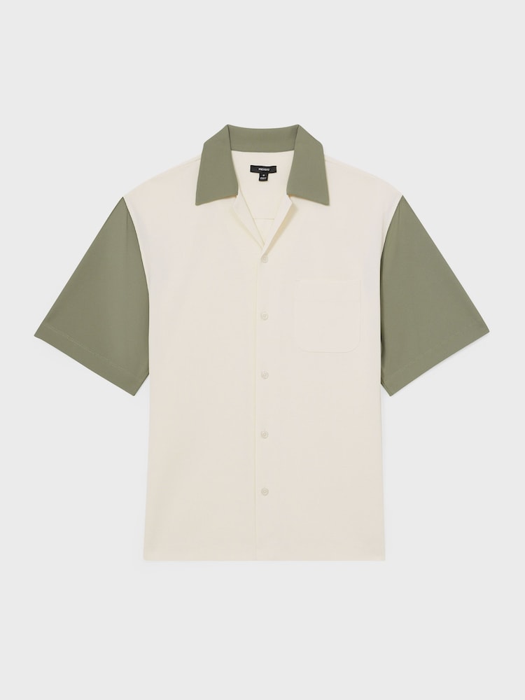 Reiss Off White/Sage Peza Colour-Block Cuban-Collar Shirt - Image 2 of 6