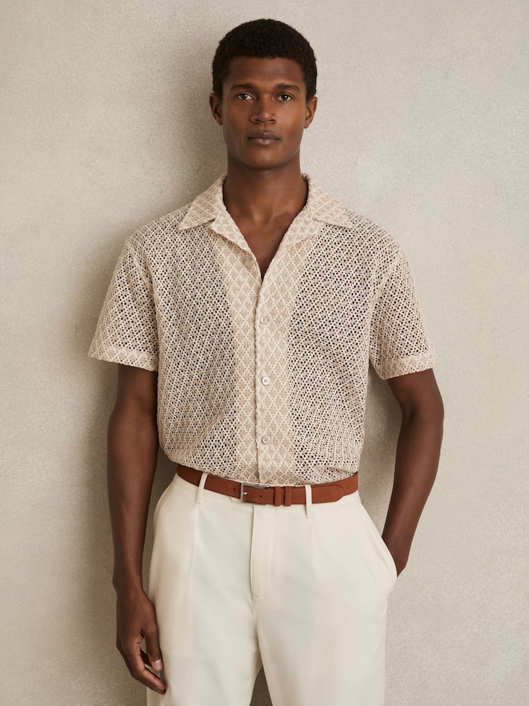 Reiss Oatmeal Sterling Crochet Cuban-Collar Shirt - Image 1 of 5