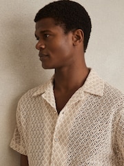 Reiss Oatmeal Sterling Crochet Cuban-Collar Shirt - Image 3 of 5