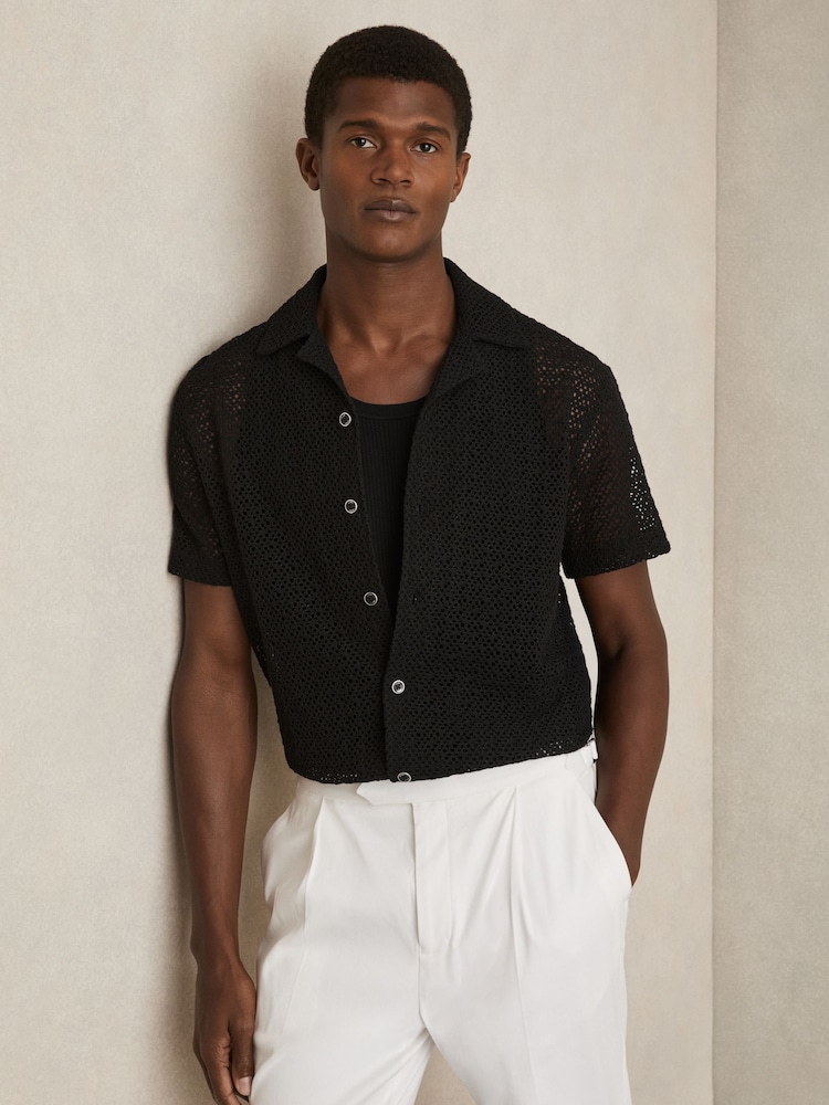 Reiss Black Sterling Crochet Cuban-Collar Shirt - Image 1 of 5