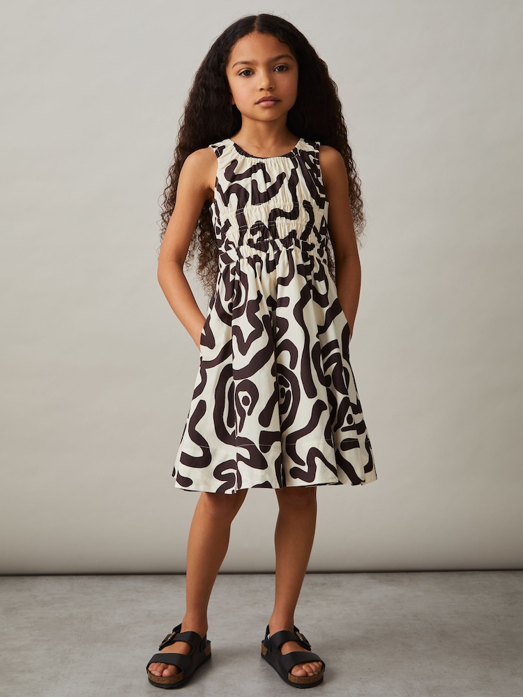 Estampado marfil - Reiss Anouka Cotton Shirred Printed Dress - Imagen 1 de 4
