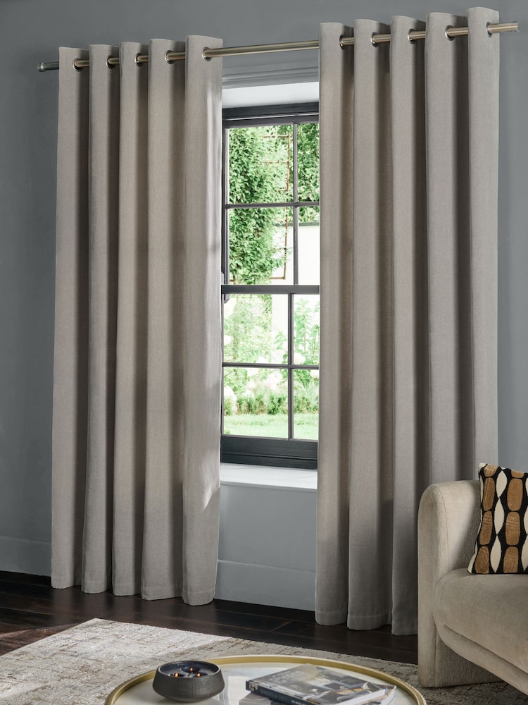 Light Grey Fine Chenille Lined Eyelet Curtains - Image 1 of 5