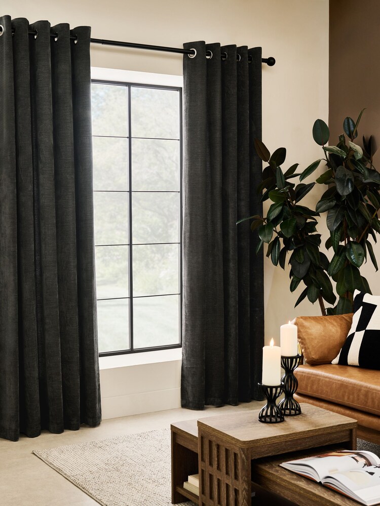 Charcoal Grey Fine Chenille Blackout/Thermal Eyelet Curtains - Image 1 of 6