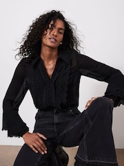 Mint Velvet Black Scallop Detail Shirt - Image 1 of 8