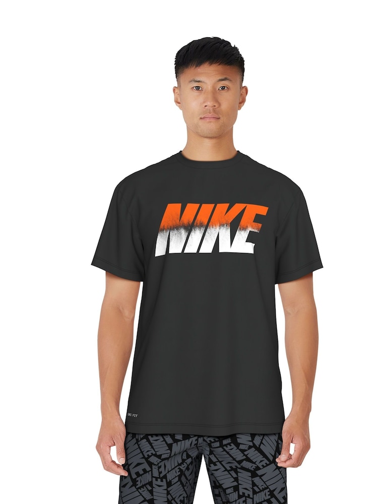 Nike Black DriFIT Short Sleeve UPF 40 Graphic Print Rash Vest - Image 1 of 4 Nike Black DriFIT Short Sleeve UPF 40 Graphic Print Rash Vest - Image 1 of 4