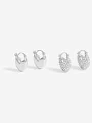 Mood Silver Tone Crystal Puffed Heart Huggie Hoop Earrings 2 Pack - Image 1 of 3