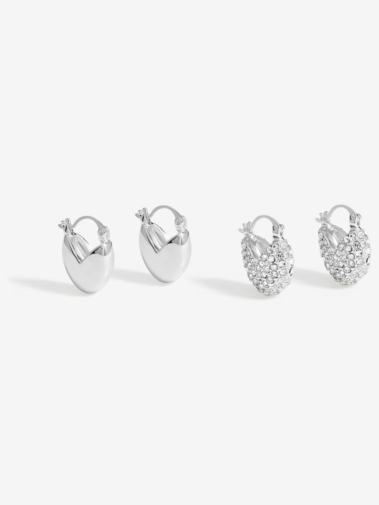 Mood Silver Tone Crystal Puffed Heart Huggie Hoop Earrings 2 Pack - Image 1 of 3