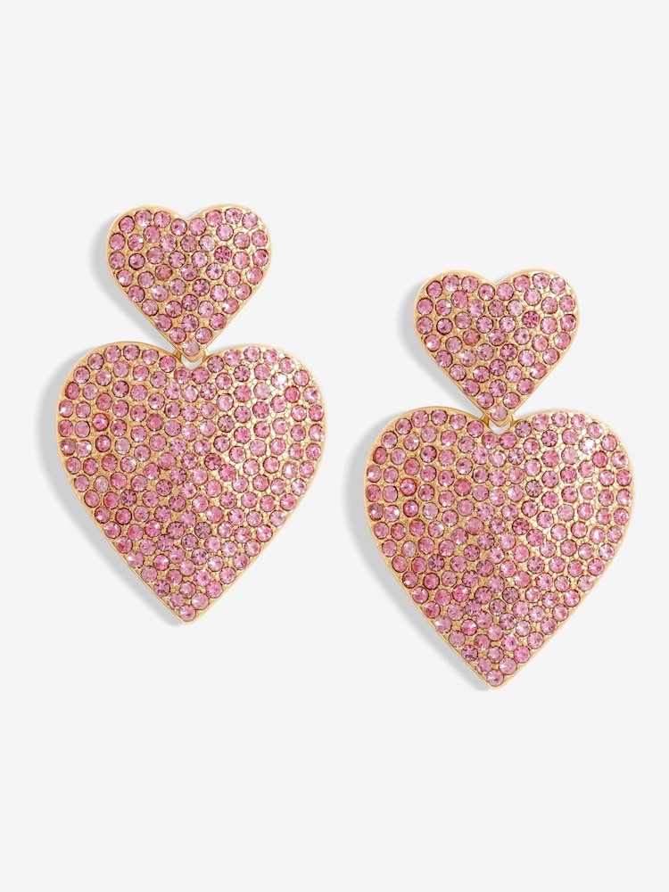 Mood Gold Tone Pink Double Heart Drop Earrings - Image 1 of 3