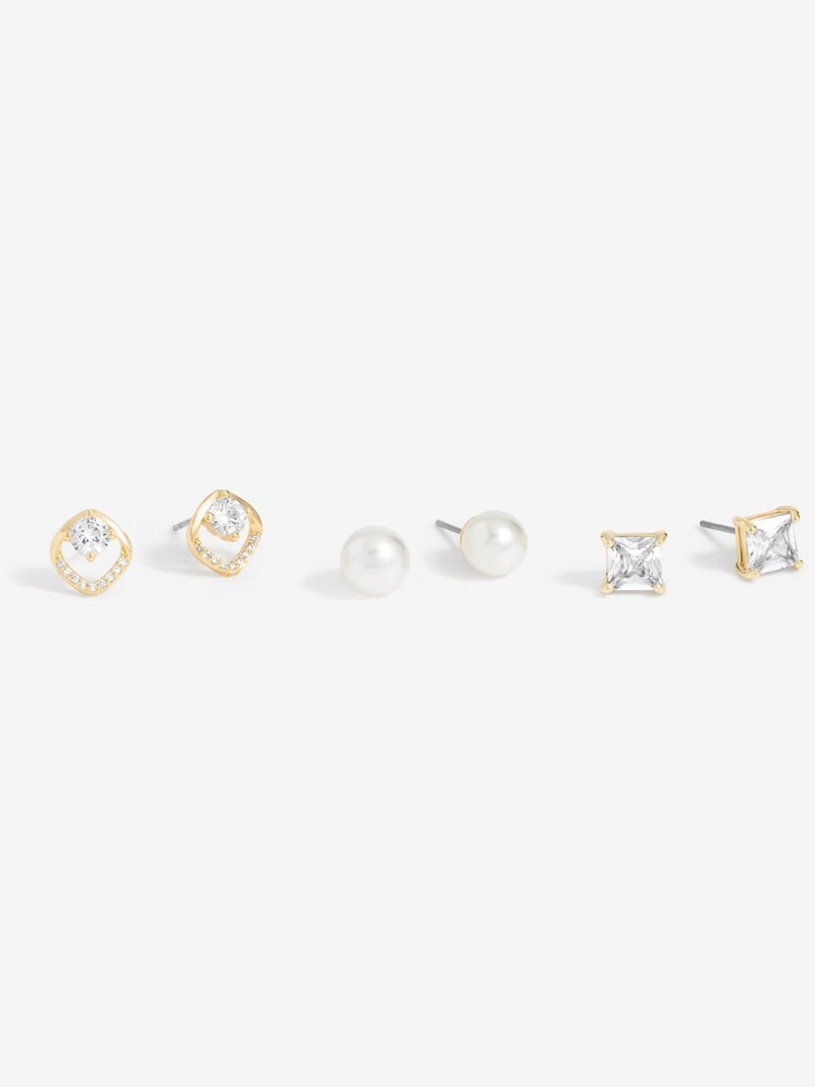 Mood Gold Tone Pearl and Crystal Core Stud Earrings 3 Pack - Image 1 of 3