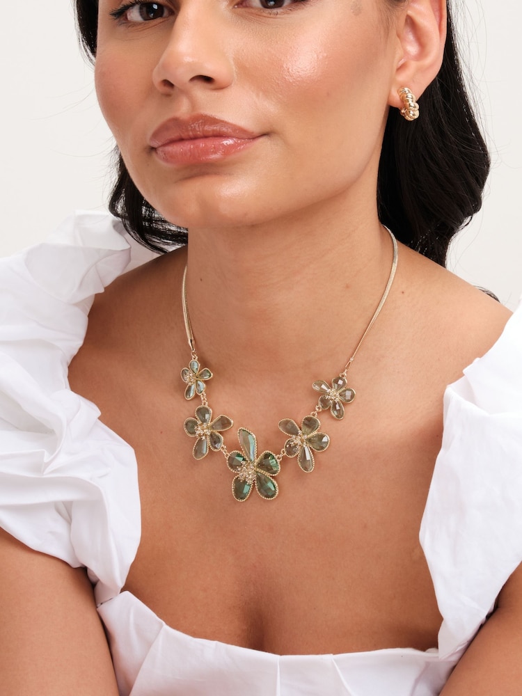Mood Gold Tone Crystal And Green Glass Flower Necklace - Image 2 of 3