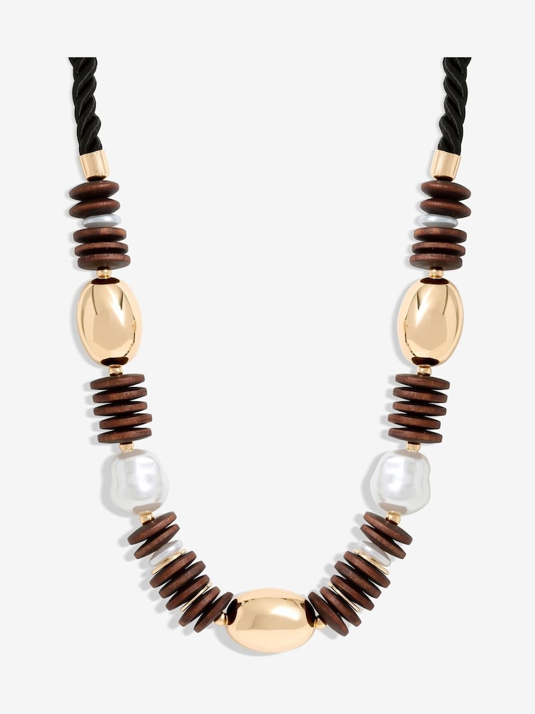 Mood Gold Tone Wood And Pearl Stacker Statement Necklace - Image 1 of 3