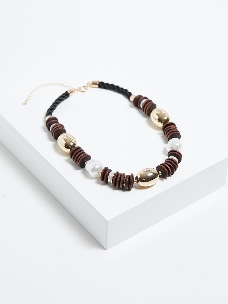 Mood Gold Tone Wood And Pearl Stacker Statement Necklace - Image 2 of 3