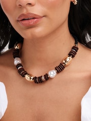 Mood Gold Tone Wood And Pearl Stacker Statement Necklace - Image 3 of 3