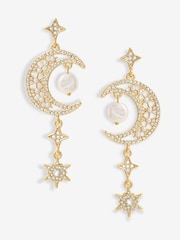Mood Gold Tone Crystal And Pearl Moon Charm Drop Earrings - Image 1 of 3
